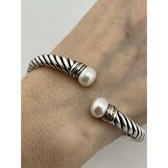 EFFY Sterling Silver 18k Yellow Gold Twisted Pearl Hinged Cuff Bracelet - Picture 2 of 16